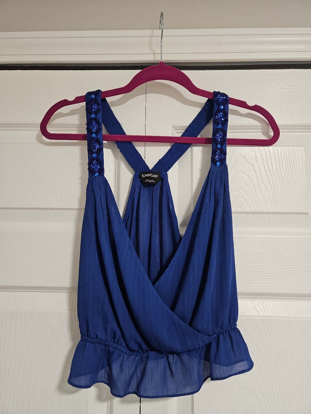 BEBE Cobalt Blue Sequin Strap Draped Sleeveless Top